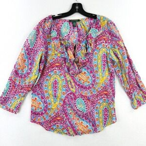 Lauren Ralph Lauren Paisley Ruffle Top Womens Size‎ M Pink Colorful Blouse